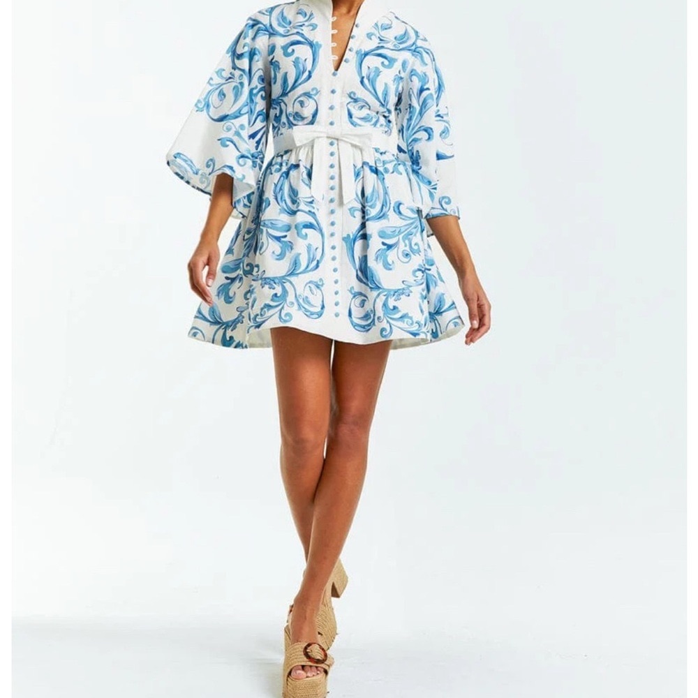 Mestiza New York Carmen dress. Blue Ivory belted! Only worn once for baby shower